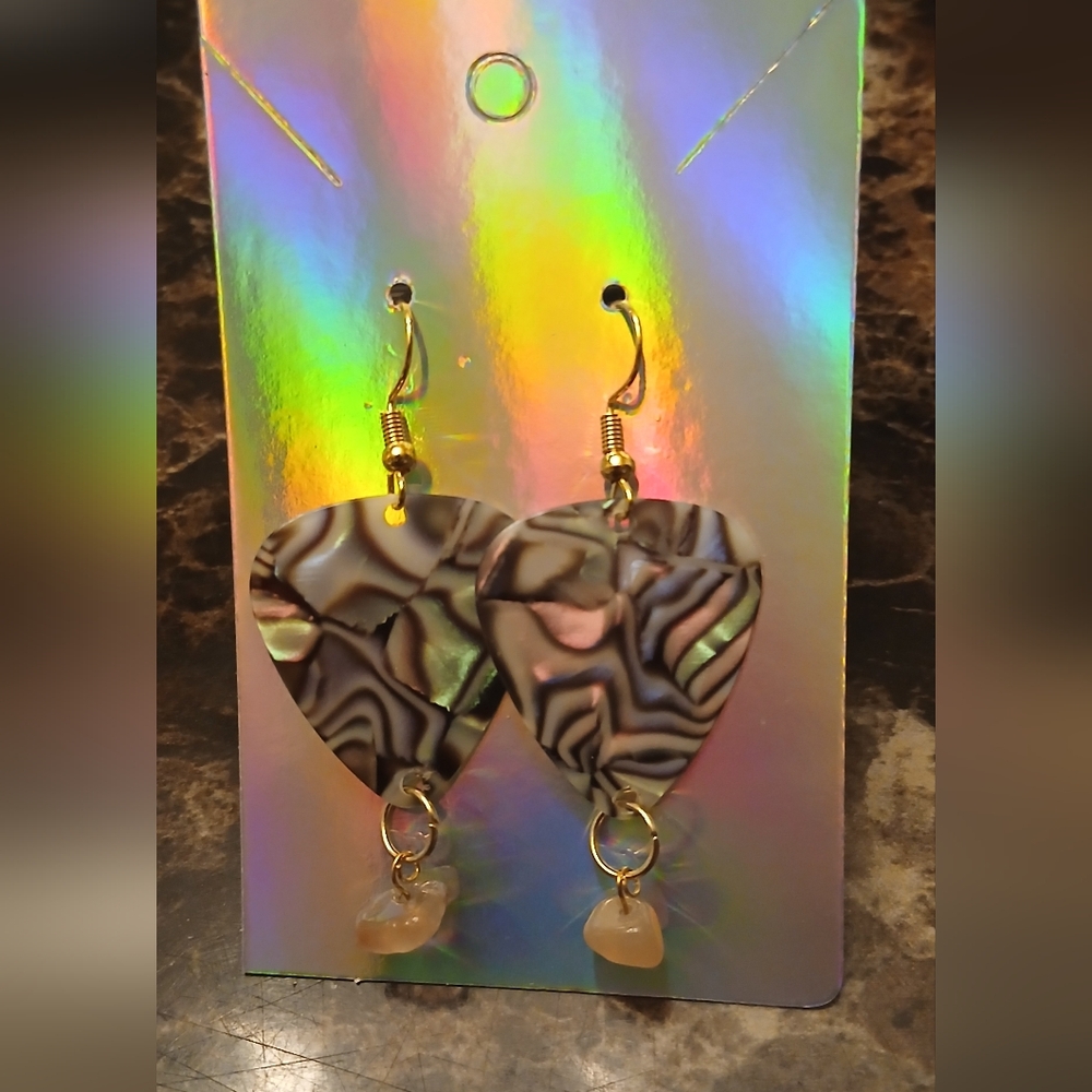 Heart Drop Earrings with Iridescent Black Pattern and Rose Crystal